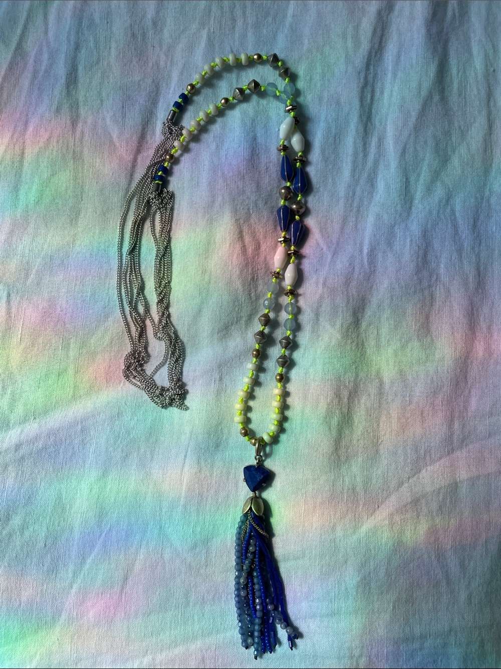 Stella & dot  Blue & Neon Green Beaded Tassel Necklace